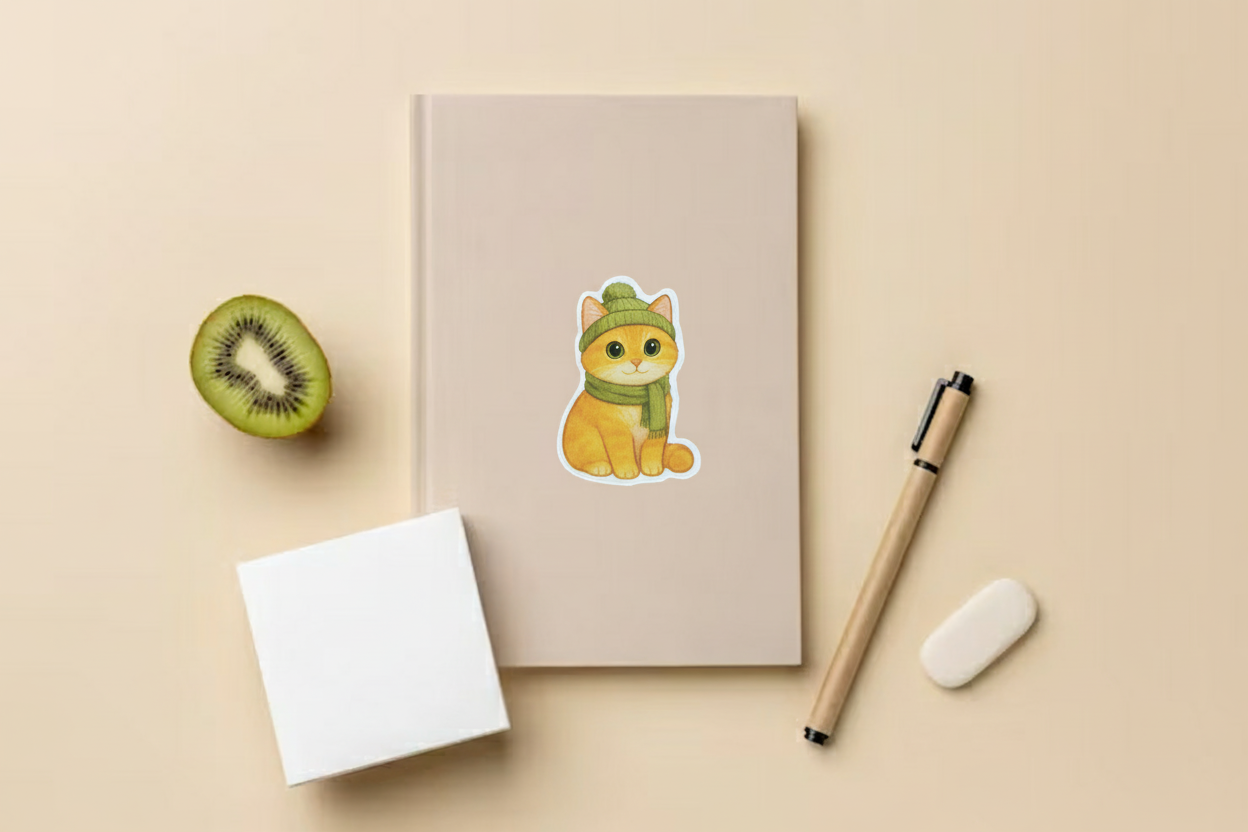 Cozy Cat Sticker with Green Scarf – Cute Winter Cat Vinyl Sticker for Laptop, Journal, Water Bottle & Scrapbooking