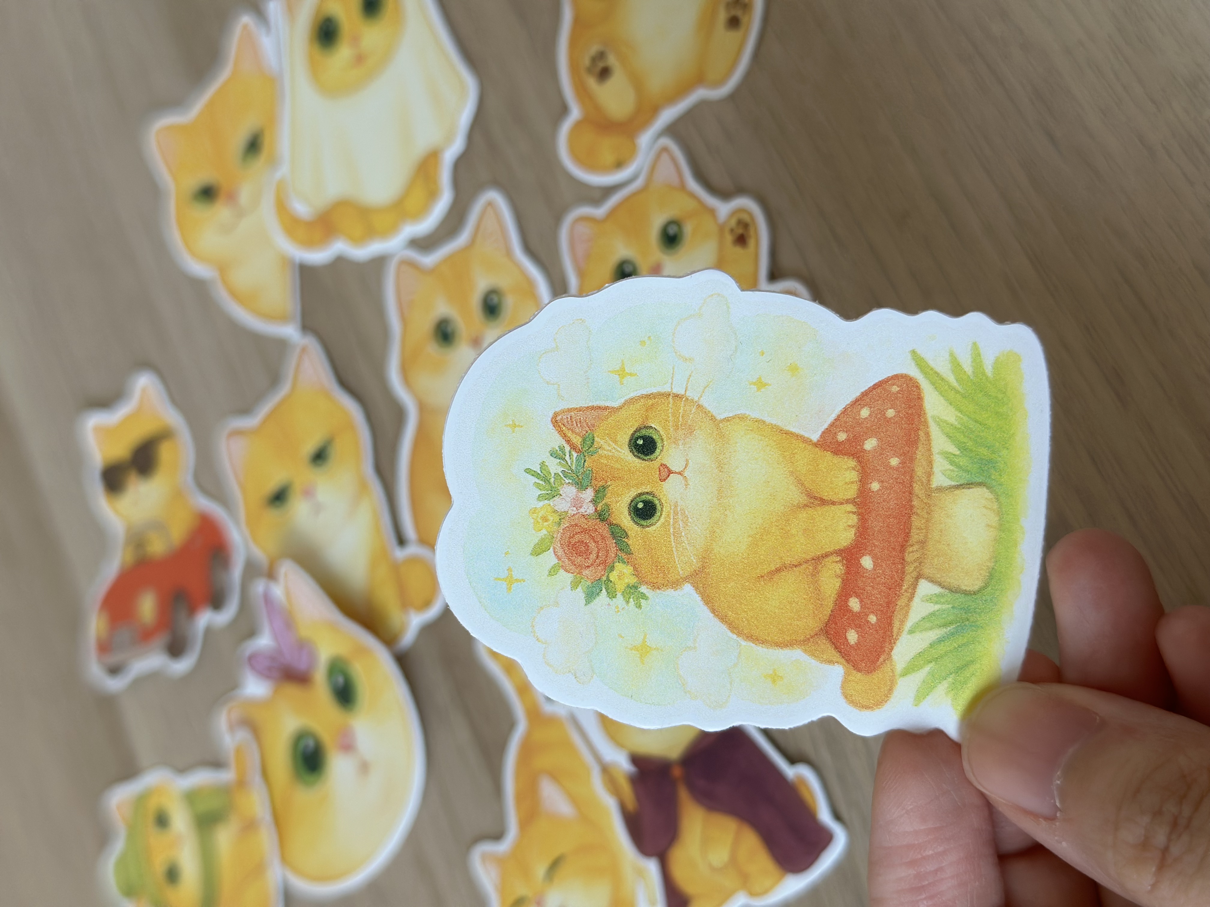 Whimsical Cat on Mushroom Sticker – Cute Floral Crown Cat | Waterproof Vinyl Sticker for Laptop, Journal, Scrapbook & Water Bottle