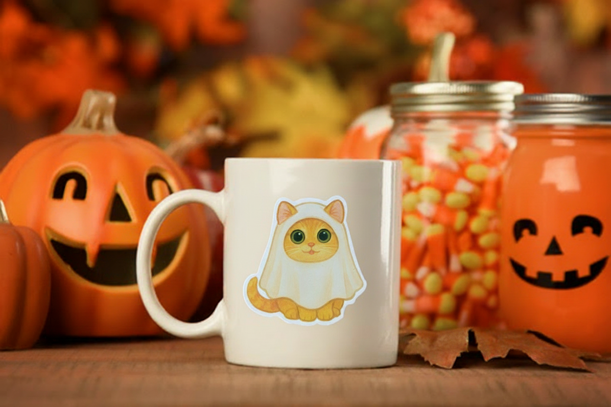 Ghost Cat Sticker – Cute Halloween Cat in Ghost Costume | Halloween Ghost Decorations