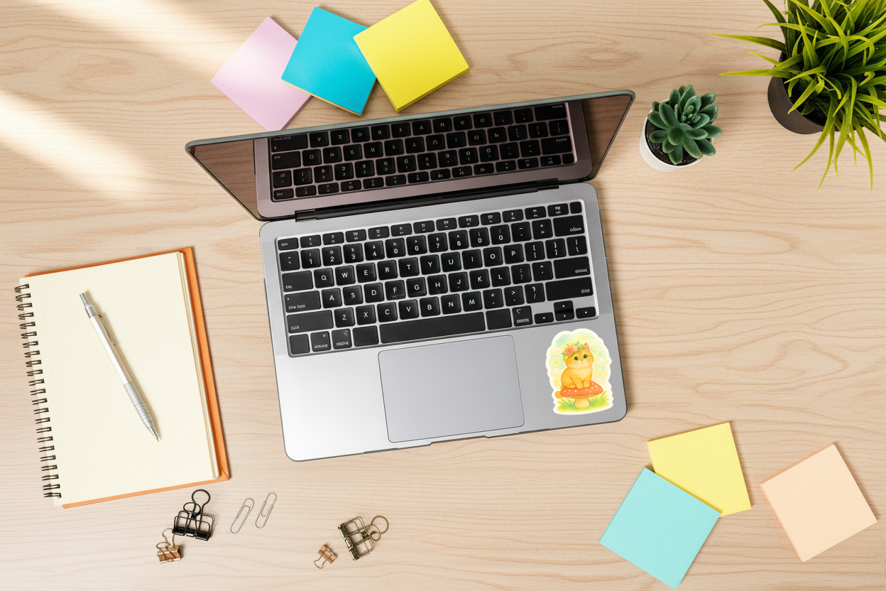 Whimsical Cat on Mushroom Sticker – Cute Floral Crown Cat | Waterproof Vinyl Sticker for Laptop, Journal, Scrapbook & Water Bottle