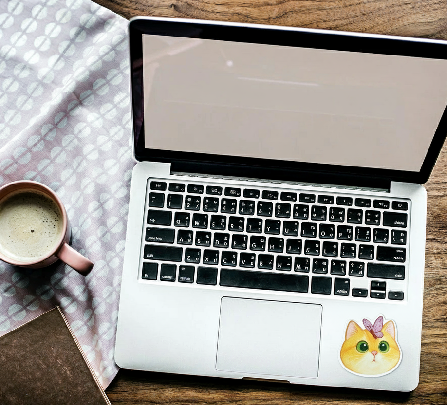 Cute Cat with Butterfly Sticker – Golden Cat Big Green Eyes | Waterproof Vinyl Sticker for Laptop, Journal, Water Bottle & Scrapbook