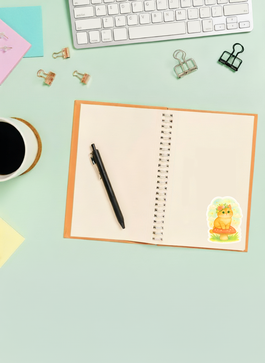 Whimsical Cat on Mushroom Sticker – Cute Floral Crown Cat | Waterproof Vinyl Sticker for Laptop, Journal, Scrapbook & Water Bottle