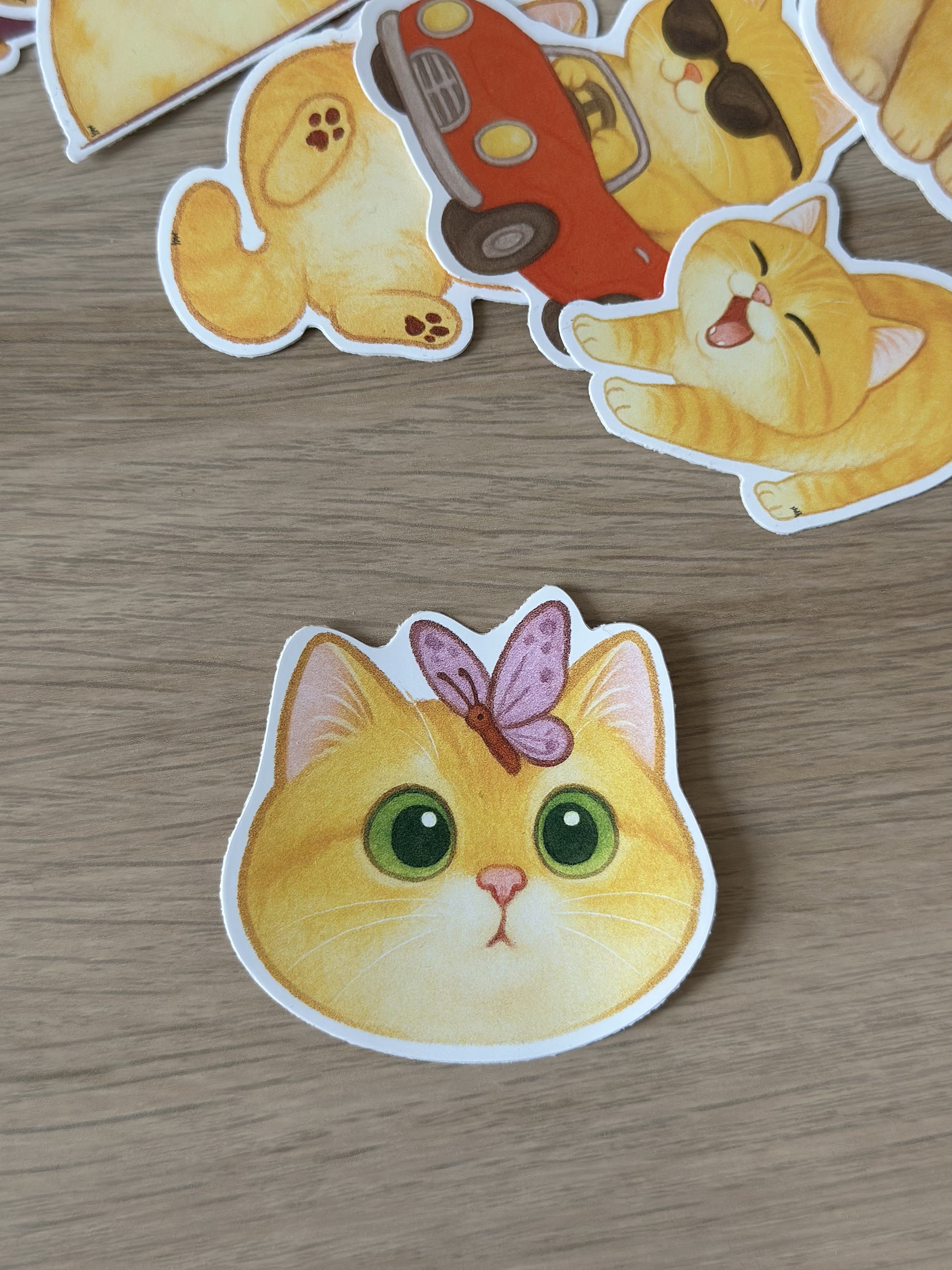Cute Cat with Butterfly Sticker – Golden Cat Big Green Eyes | Waterproof Vinyl Sticker for Laptop, Journal, Water Bottle & Scrapbook