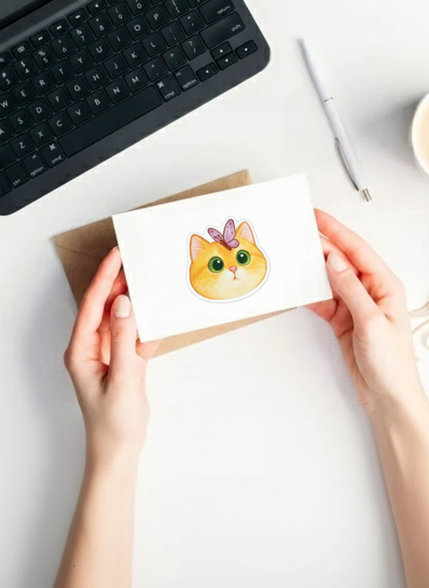 Cute Cat with Butterfly Sticker – Golden Cat Big Green Eyes | Waterproof Vinyl Sticker for Laptop, Journal, Water Bottle & Scrapbook