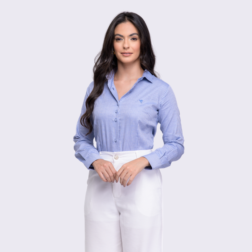 Camisa social feminina listrada azul