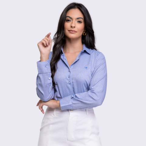 Camisa social feminina listrada azul