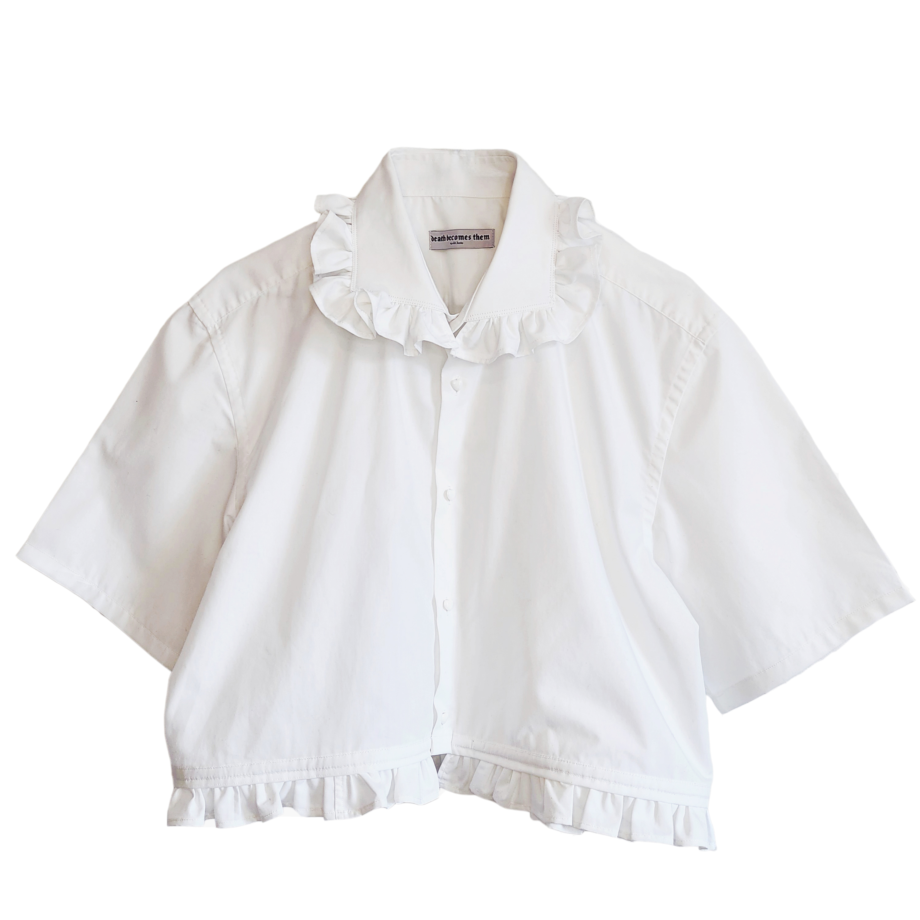 Premonition White Cropped Short sleeved Shirt with Ruffle Collar 