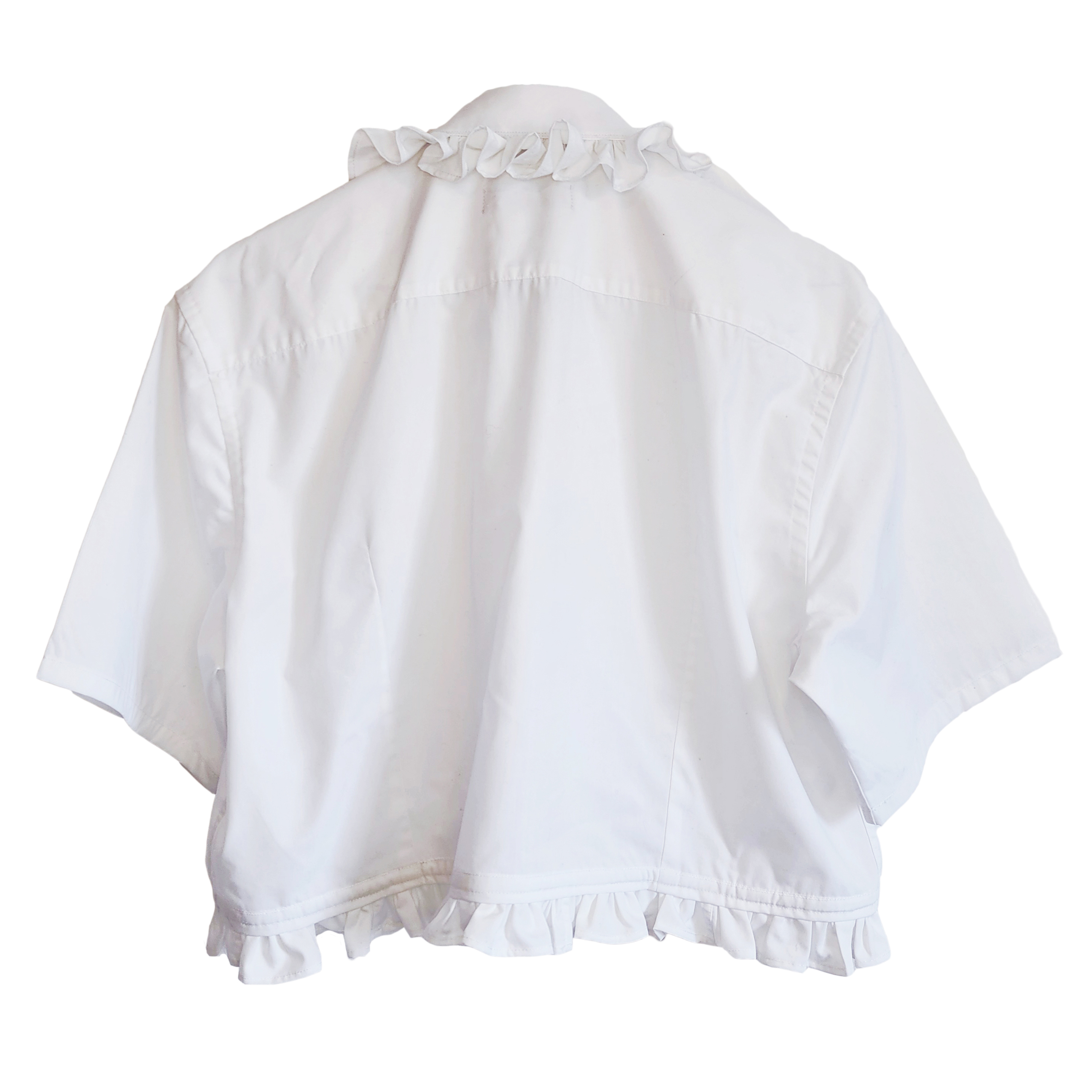 Premonition White Cropped Short sleeved Shirt with Ruffle Collar 