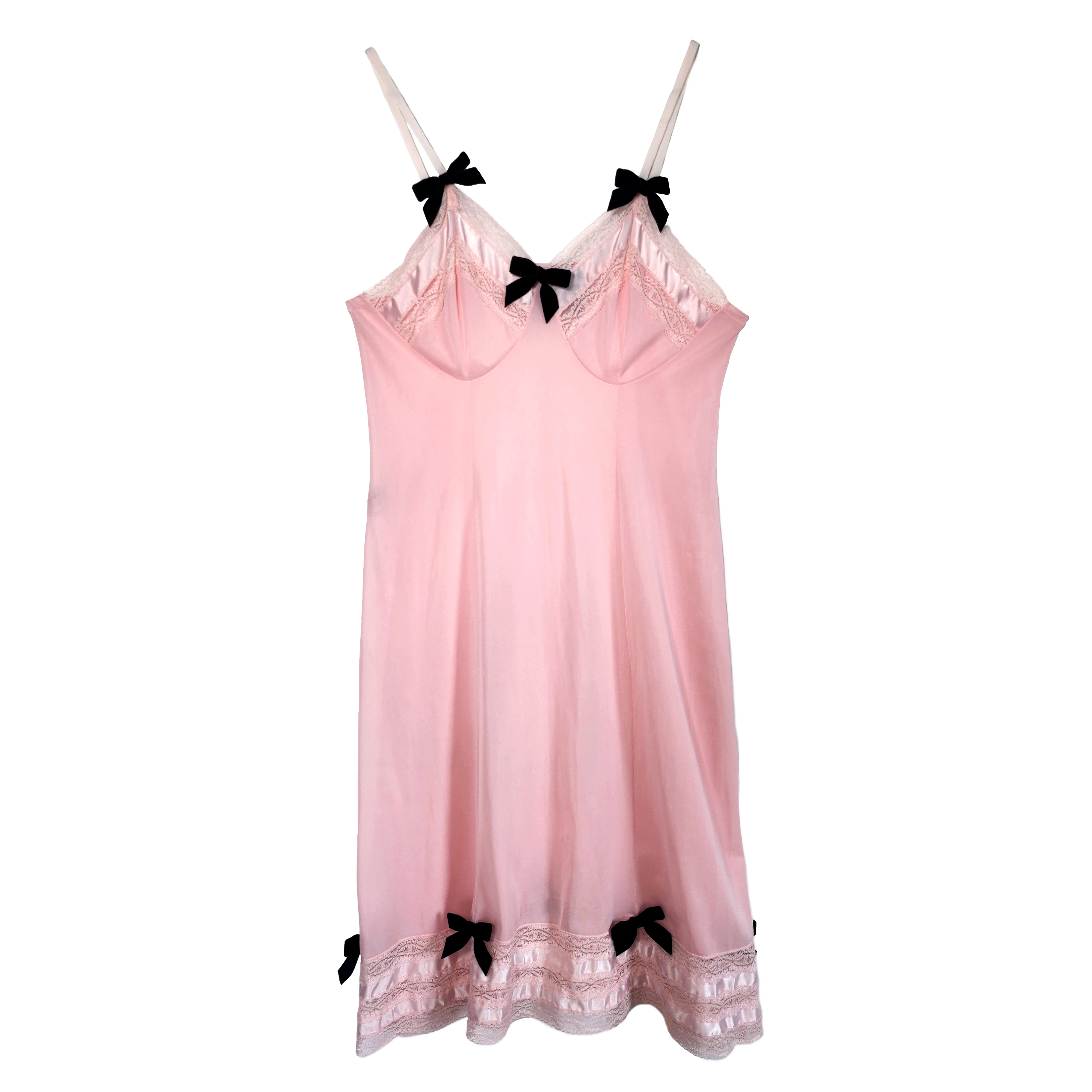 Lusty Gallant Pink Slip Dress with Black Velvet Bows