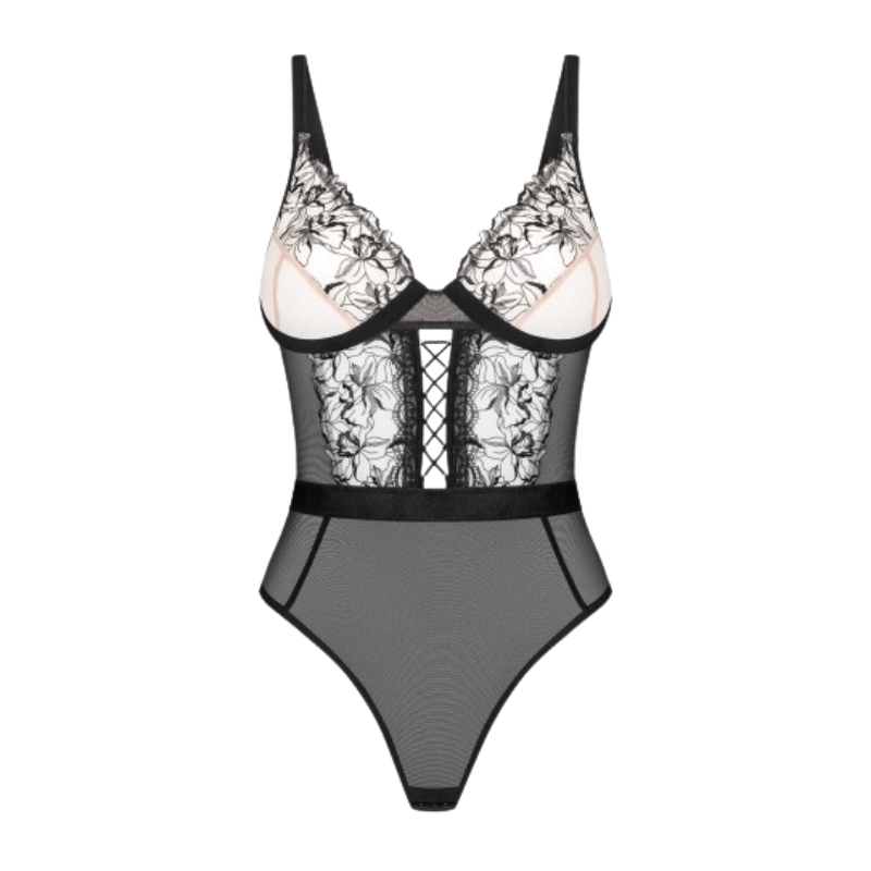 Vila Blanes – Body noir & beige à broderies botaniques