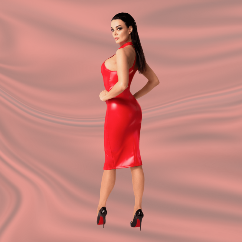 F354 Orgia – Robe Midi Rouge en Power Wetlook