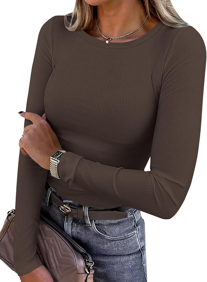 PRETTYGARDEN Women 2025 Fall Clothes Long Sleeve Shirts Ribbed Knit Fitted Basic Tee Going Out Tops Und