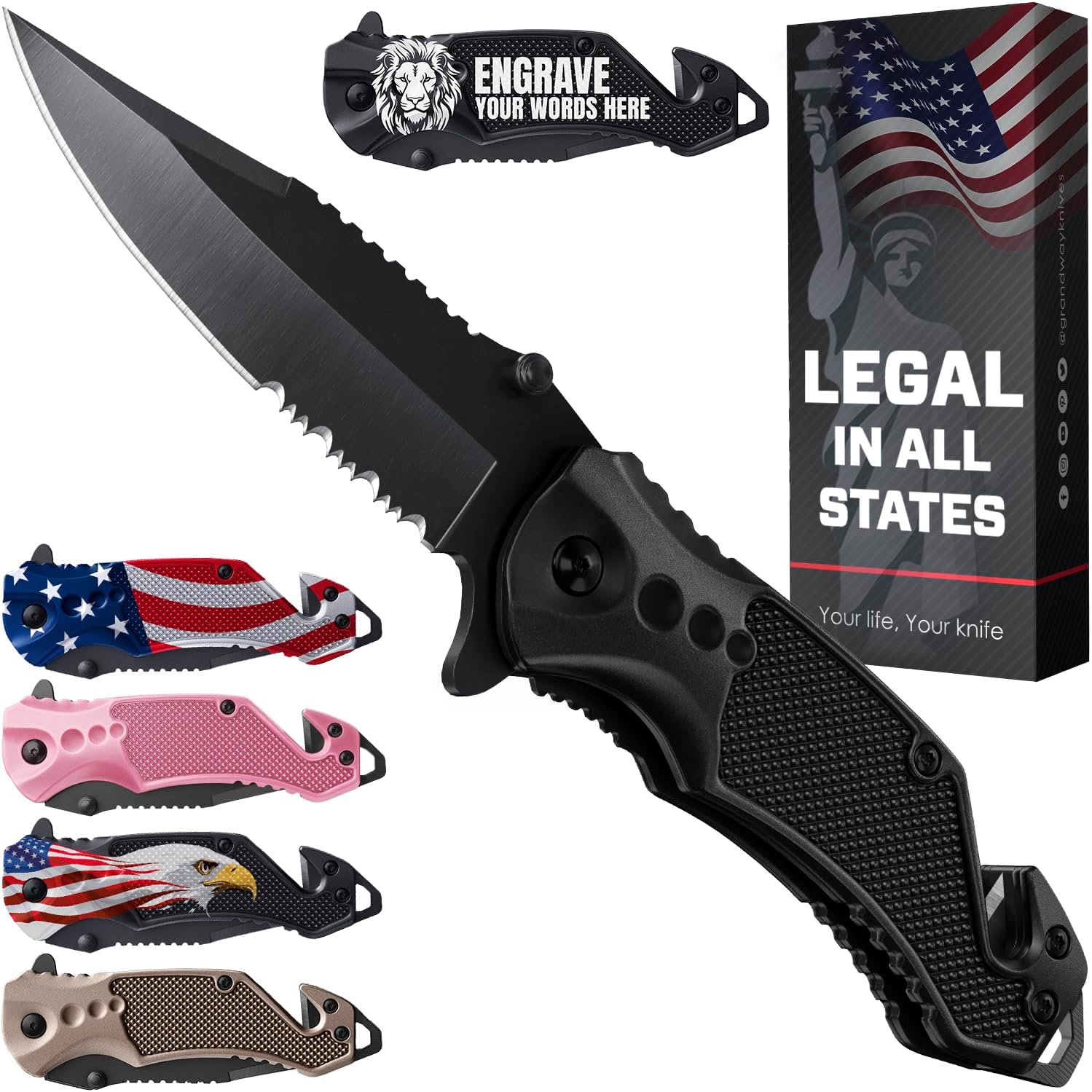 Legal Pocket Knife with 2.95” Serrated Blade, Glass Breaker, Seat Belt Cutter - EDC Sharp Folding Knives with Portable Clip - Small Tool for Tactical Camping Survival Hiking