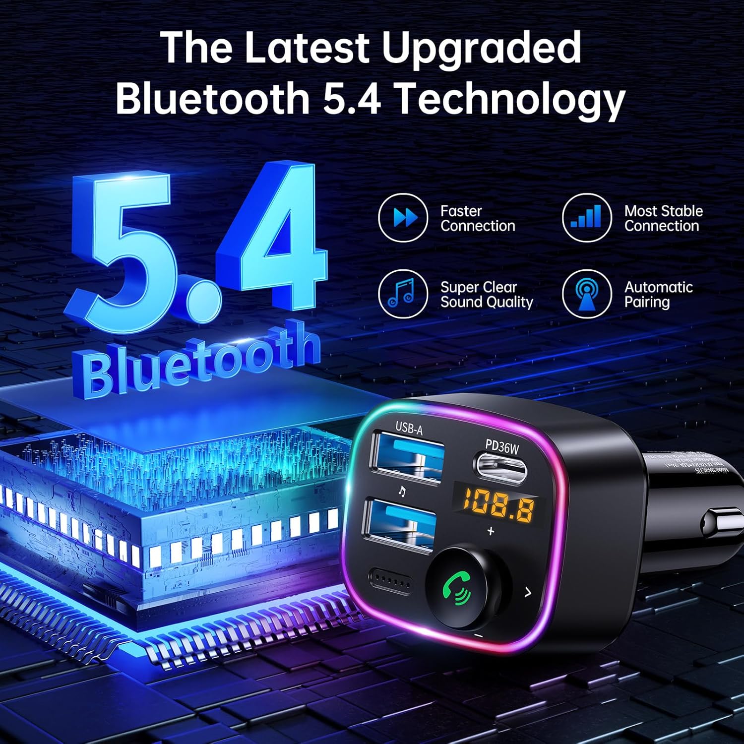 Syncwire Bluetooth 5.4 FM Transmitter Car Adapter 48W (PD 36W & 12W) [Light Switch] [HiFi Bass Sound] [Fast Charging] Wireless Radio Music Adapter