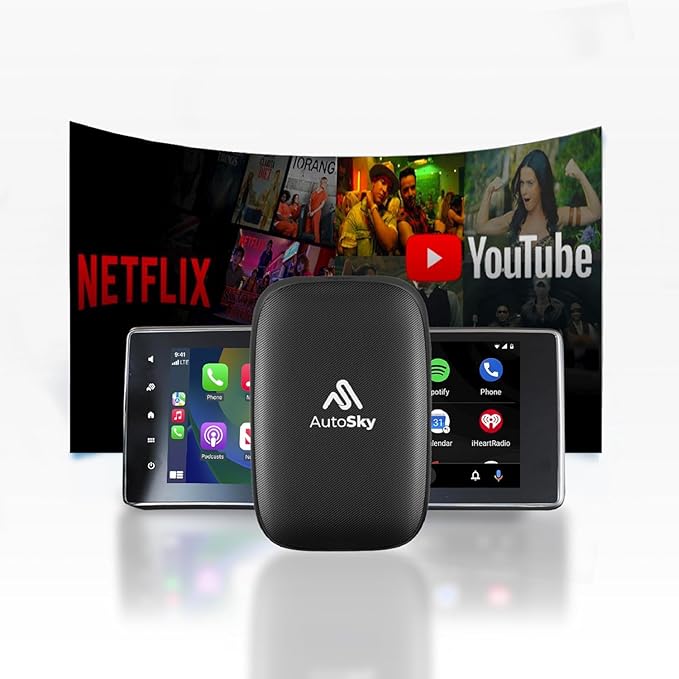 AutoSky Wireless CarPlay and Android Auto AI Box Lite for Factory Wired CarPlay Cars - Supports Netflix and YouTube Must use Hotspot
