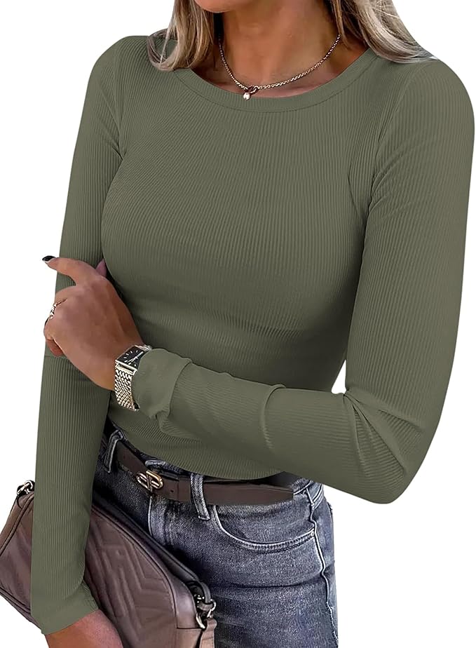 PRETTYGARDEN Women 2025 Fall Clothes Long Sleeve Shirts Ribbed Knit Fitted Basic Tee Going Out Tops Und