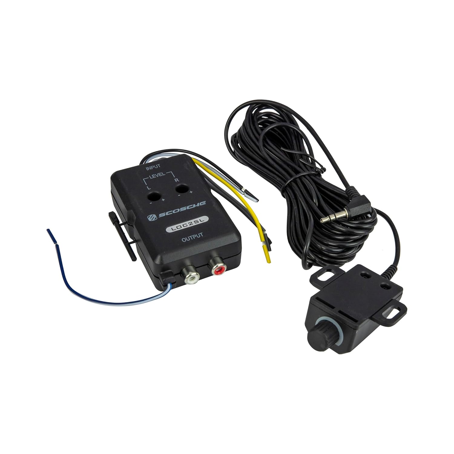 Scosche LOC2SL Line Output Converter with Remote Control Knob - 2CH High/Low RCA Converter Car Audio - Ideal for Subwoofer Amp - Line Level Converter for Car Stereo
