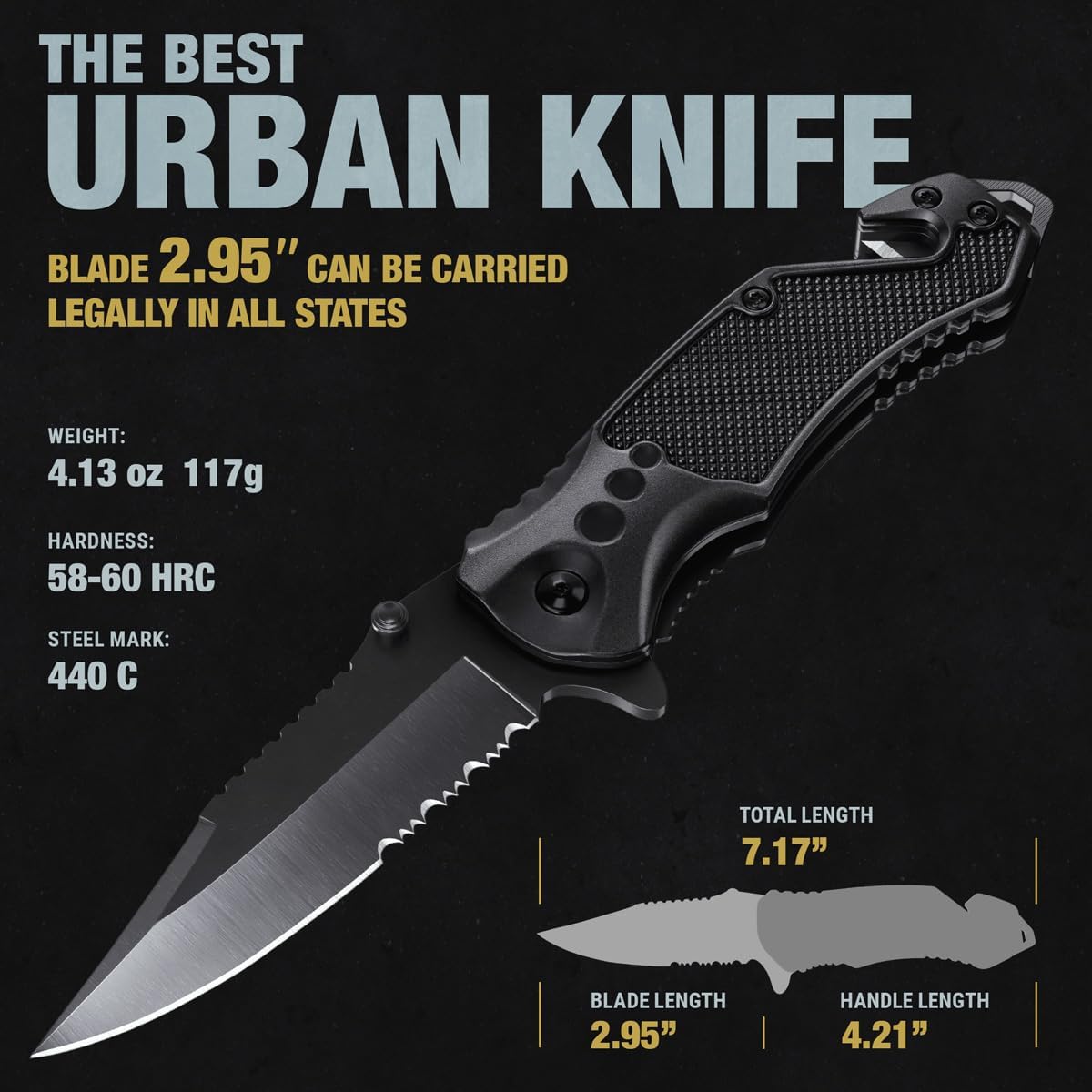 Legal Pocket Knife with 2.95” Serrated Blade, Glass Breaker, Seat Belt Cutter - EDC Sharp Folding Knives with Portable Clip - Small Tool for Tactical Camping Survival Hiking