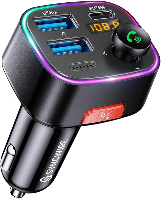 Syncwire Bluetooth 5.4 FM Transmitter Car Adapter 48W (PD 36W & 12W) [Light Switch] [HiFi Bass Sound] [Fast Charging] Wireless Radio Music Adapter