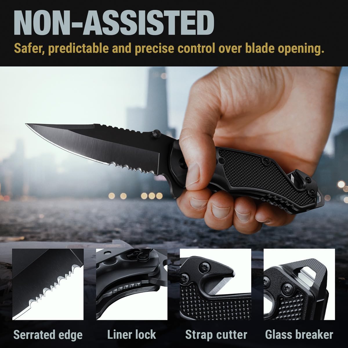 Legal Pocket Knife with 2.95” Serrated Blade, Glass Breaker, Seat Belt Cutter - EDC Sharp Folding Knives with Portable Clip - Small Tool for Tactical Camping Survival Hiking
