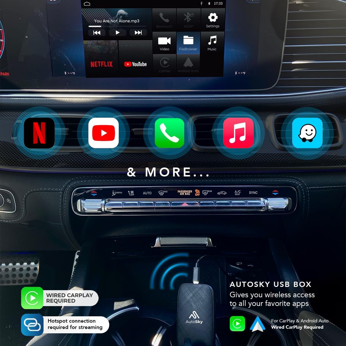 AutoSky Wireless CarPlay and Android Auto AI Box Lite for Factory Wired CarPlay Cars - Supports Netflix and YouTube Must use Hotspot