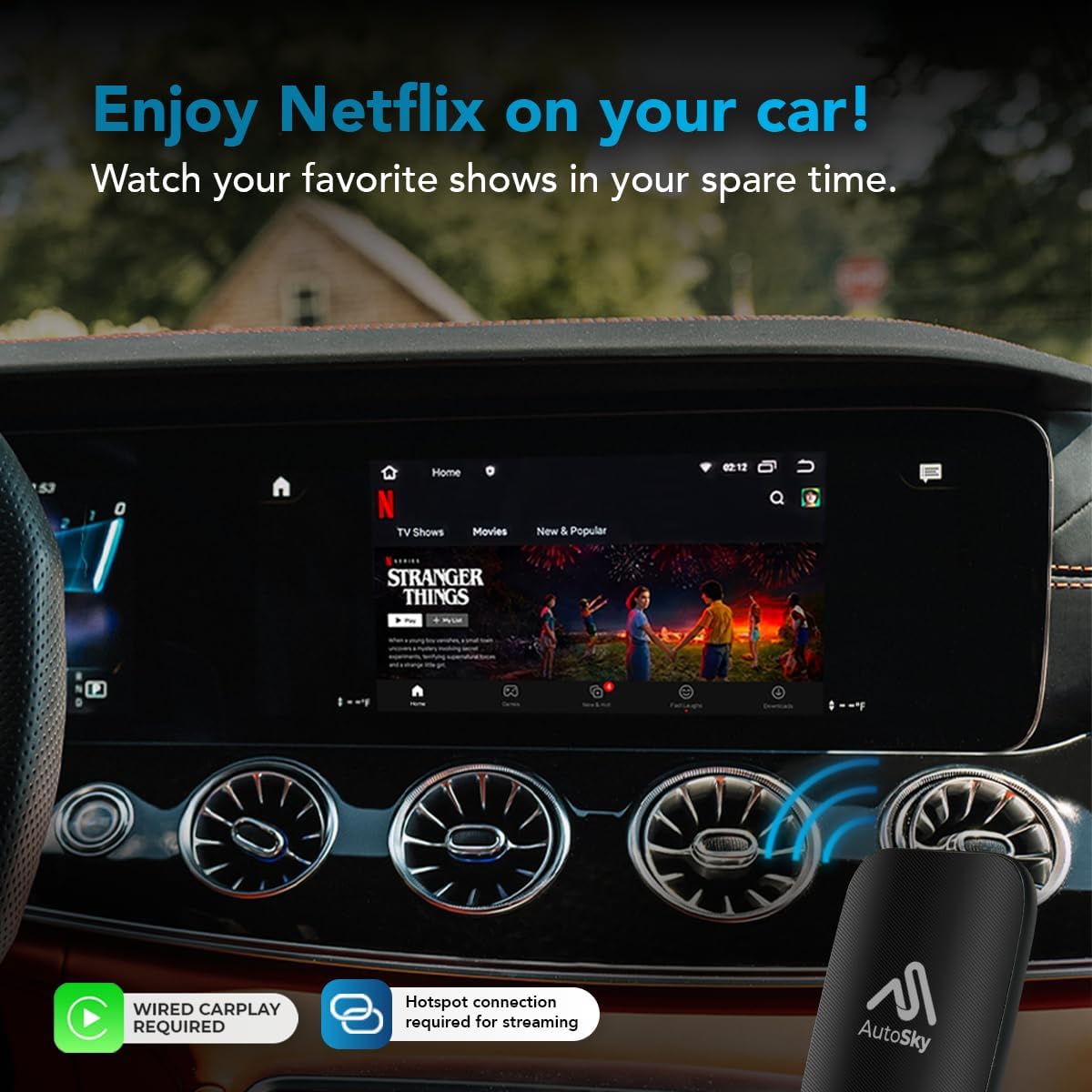 AutoSky Wireless CarPlay and Android Auto AI Box Lite for Factory Wired CarPlay Cars - Supports Netflix and YouTube Must use Hotspot