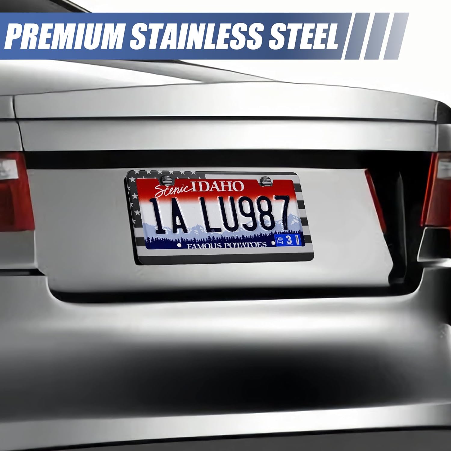 2 Pack License Plate Frames, Stainless Steel Car License Plate Cover Car Accessories with Screw Caps (Grey and Black)