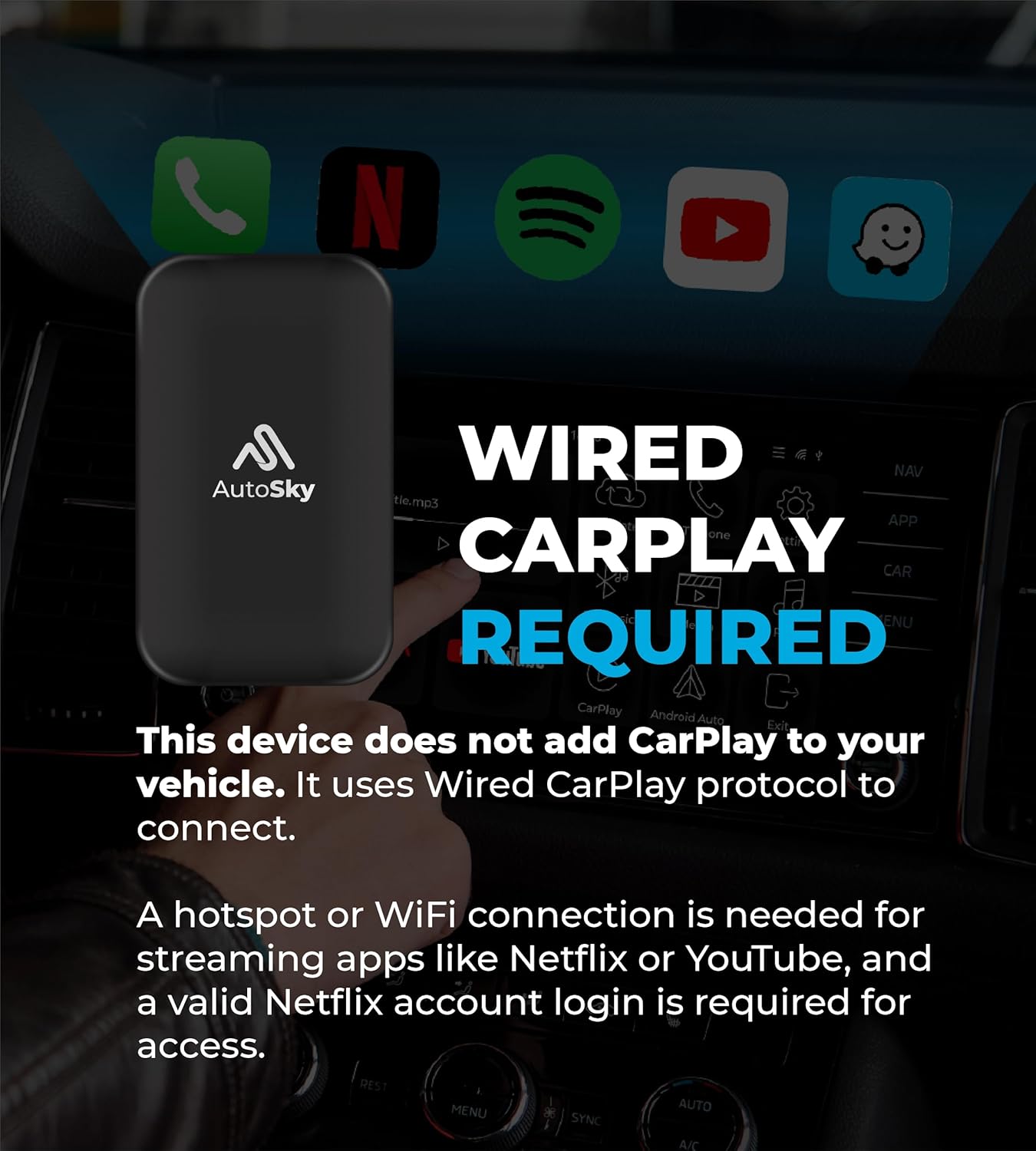 AutoSky Wireless CarPlay and Android Auto AI Box Lite for Factory Wired CarPlay Cars - Supports Netflix and YouTube Must use Hotspot