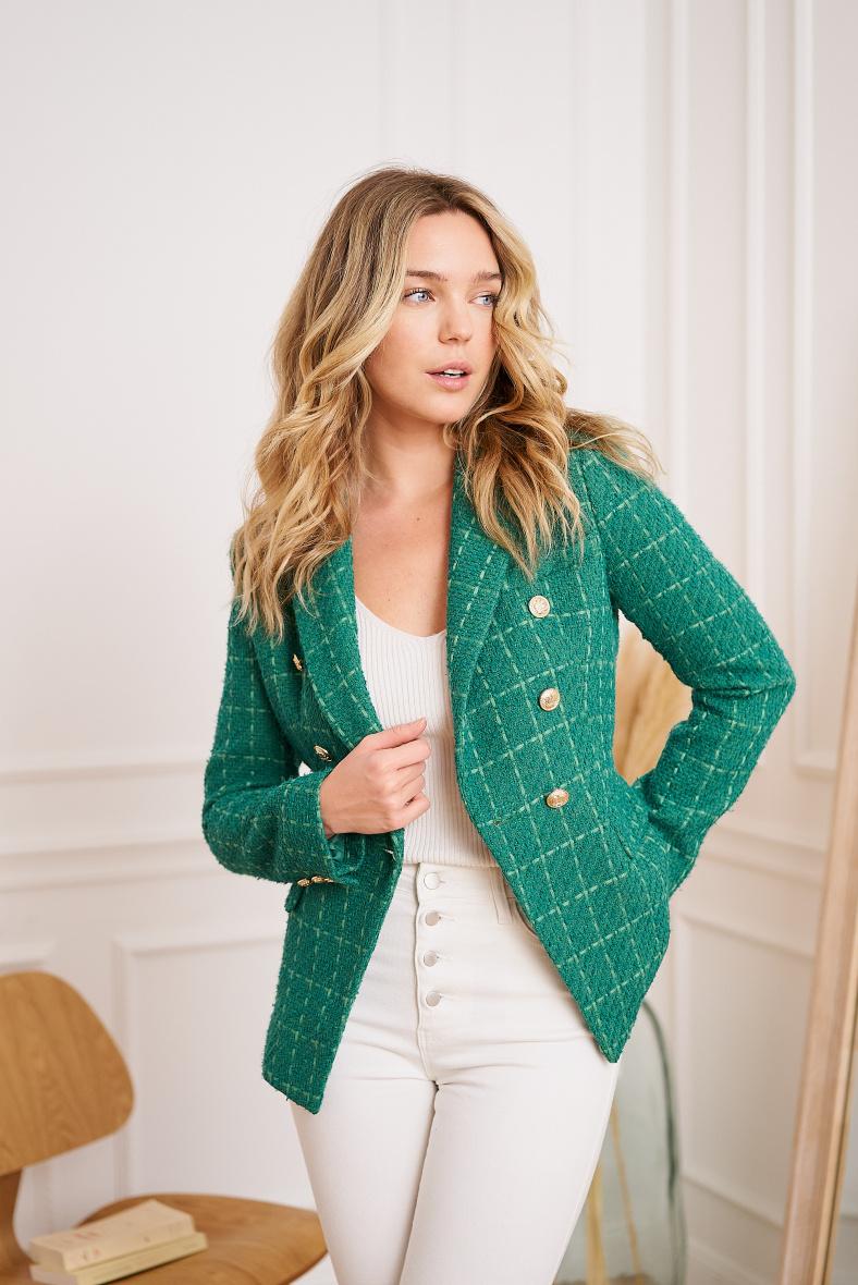Women's Green Plaid Double-Breasted Blazer