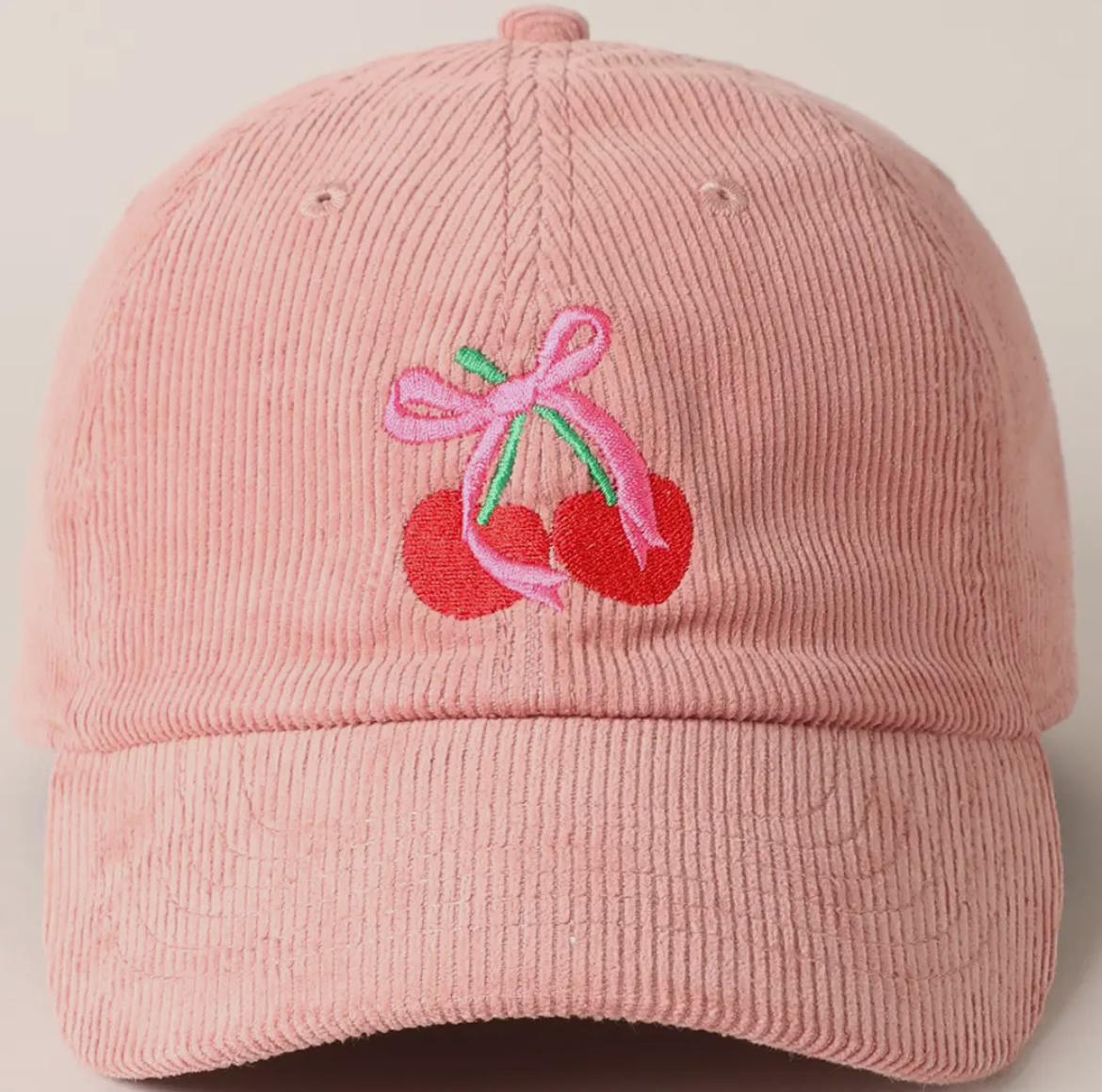 Pink Corduroy Cherry Cap