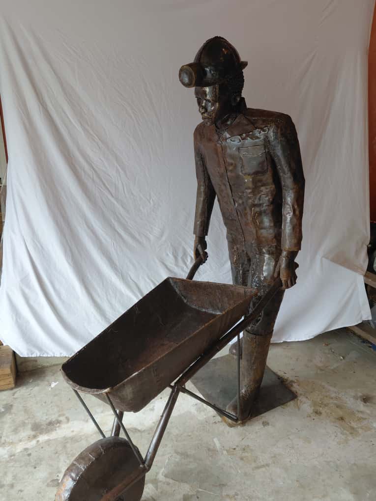 Car Part Miner Sculpture with Wheelbarrow