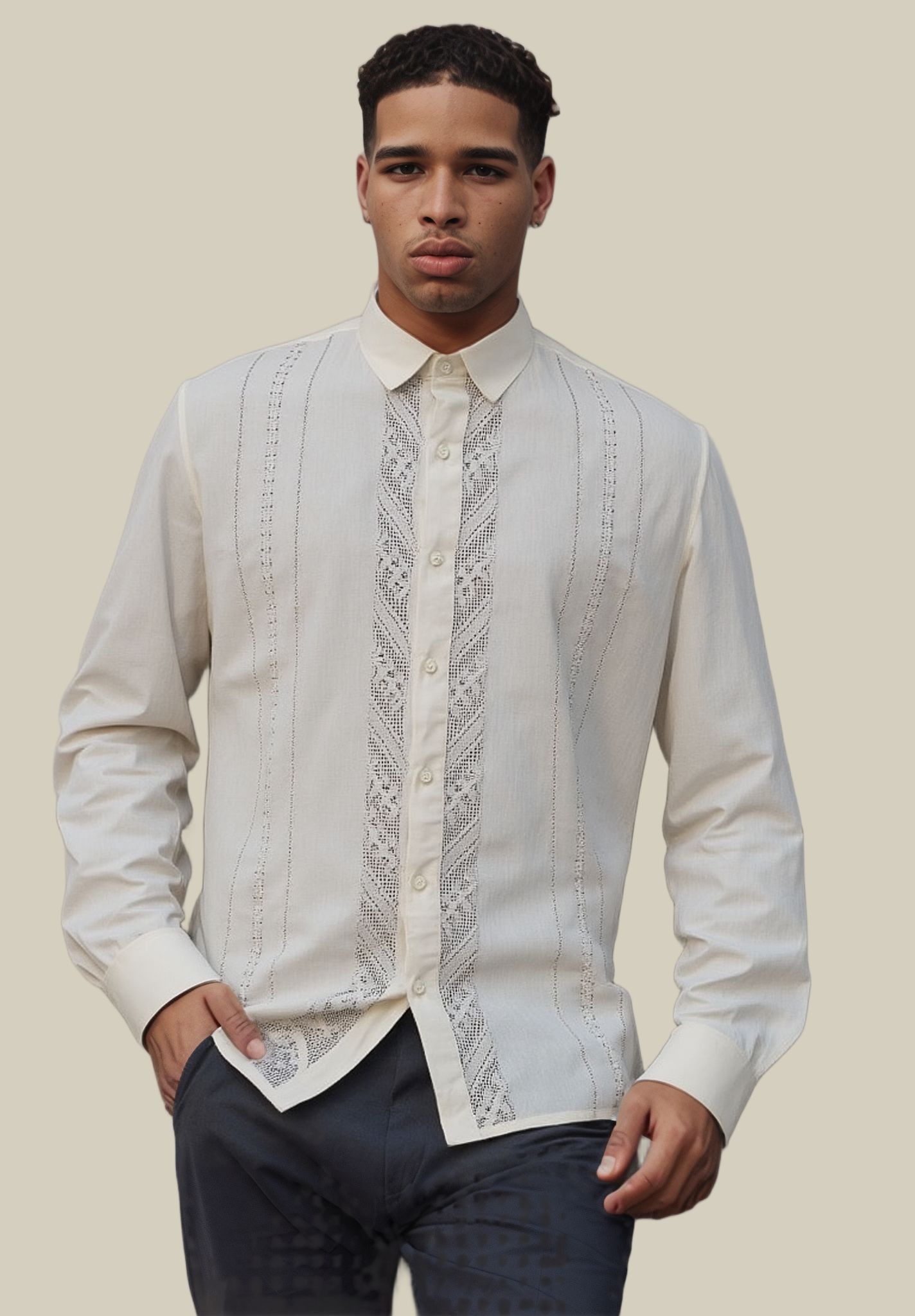 Guayabera maga larga /maga corta técnica calado plumilla