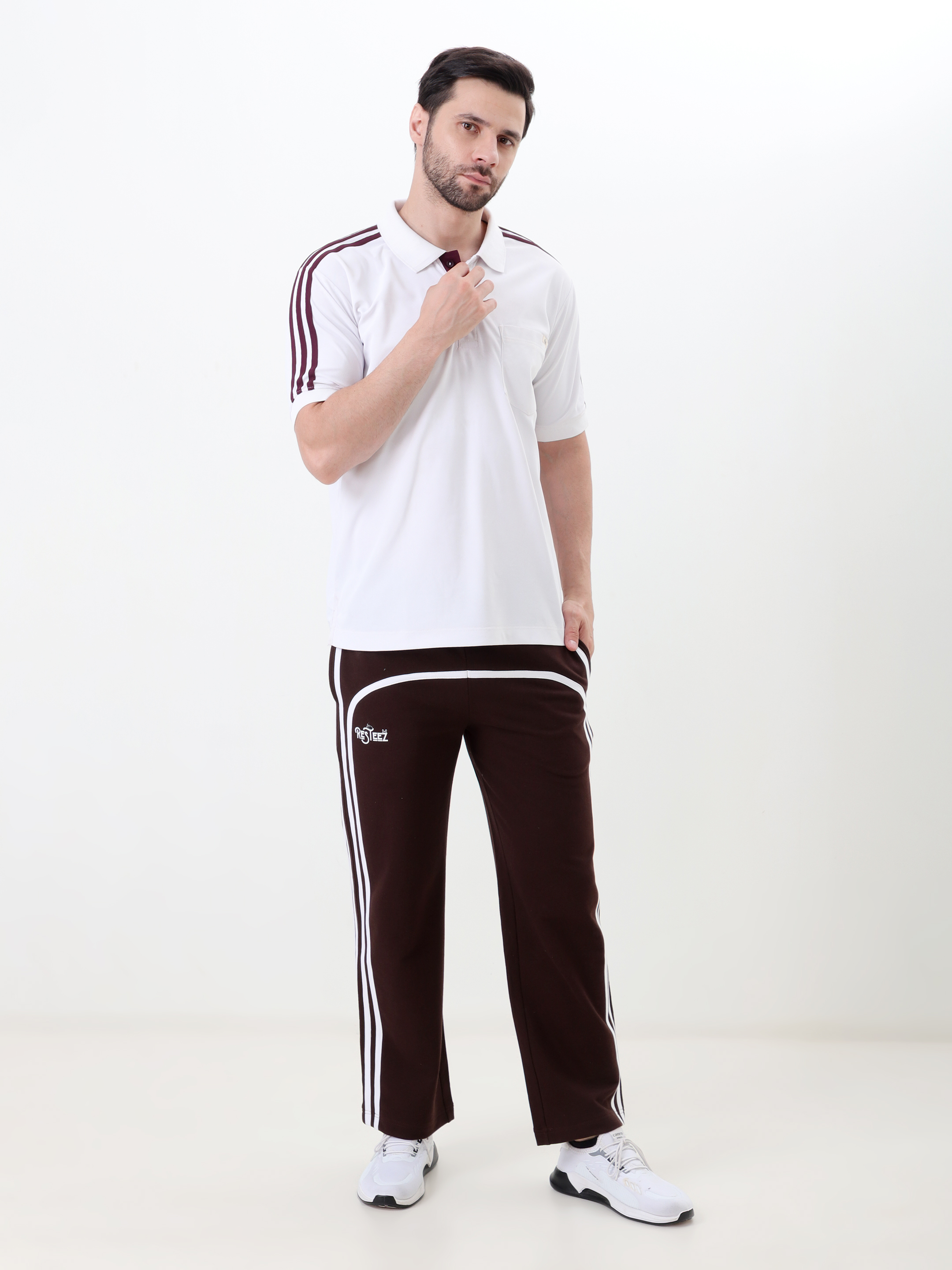 White Polo Shirt with Striped Sleeves