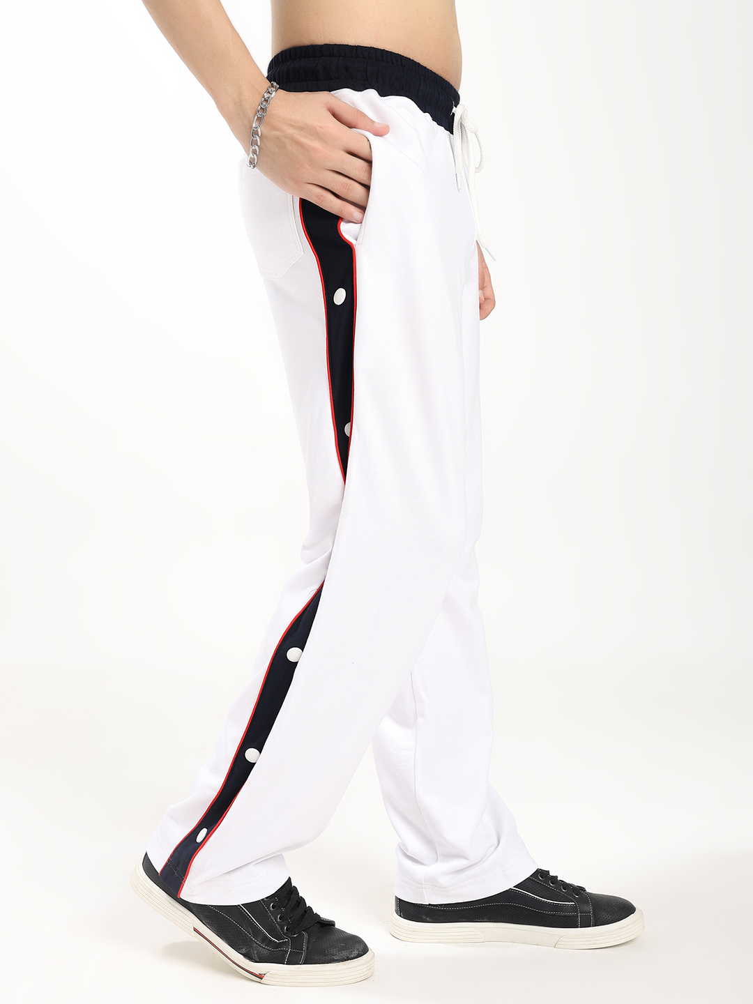 White Snap Button Track Pants