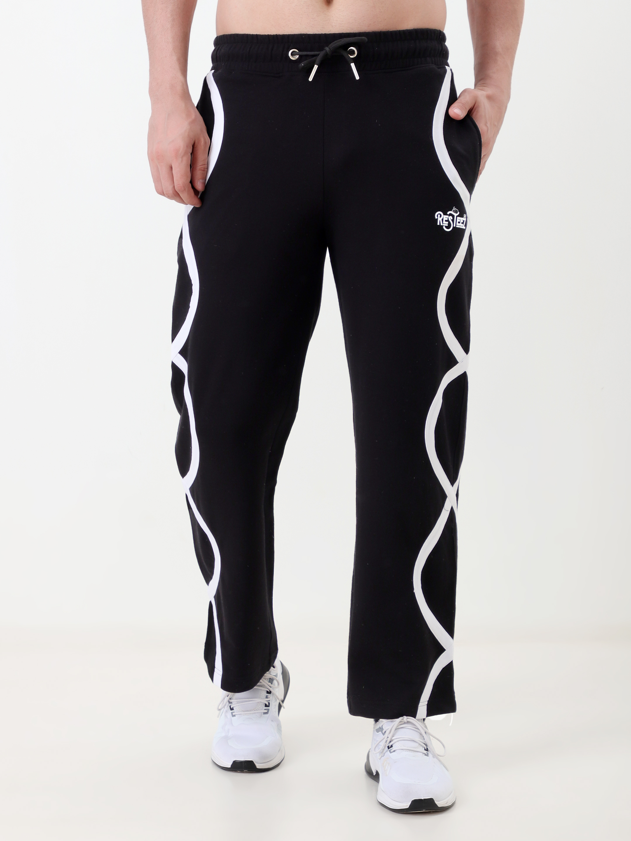 Black Jogger Pants with White Wave Pattern