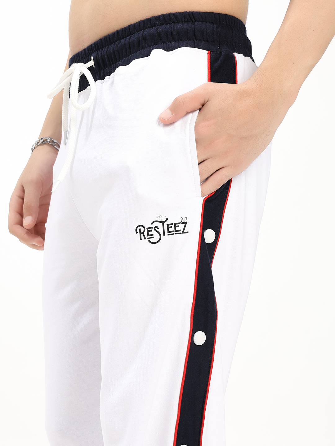 White Snap Button Track Pants