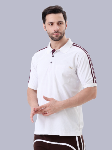 White Polo Shirt with Striped Sleeves