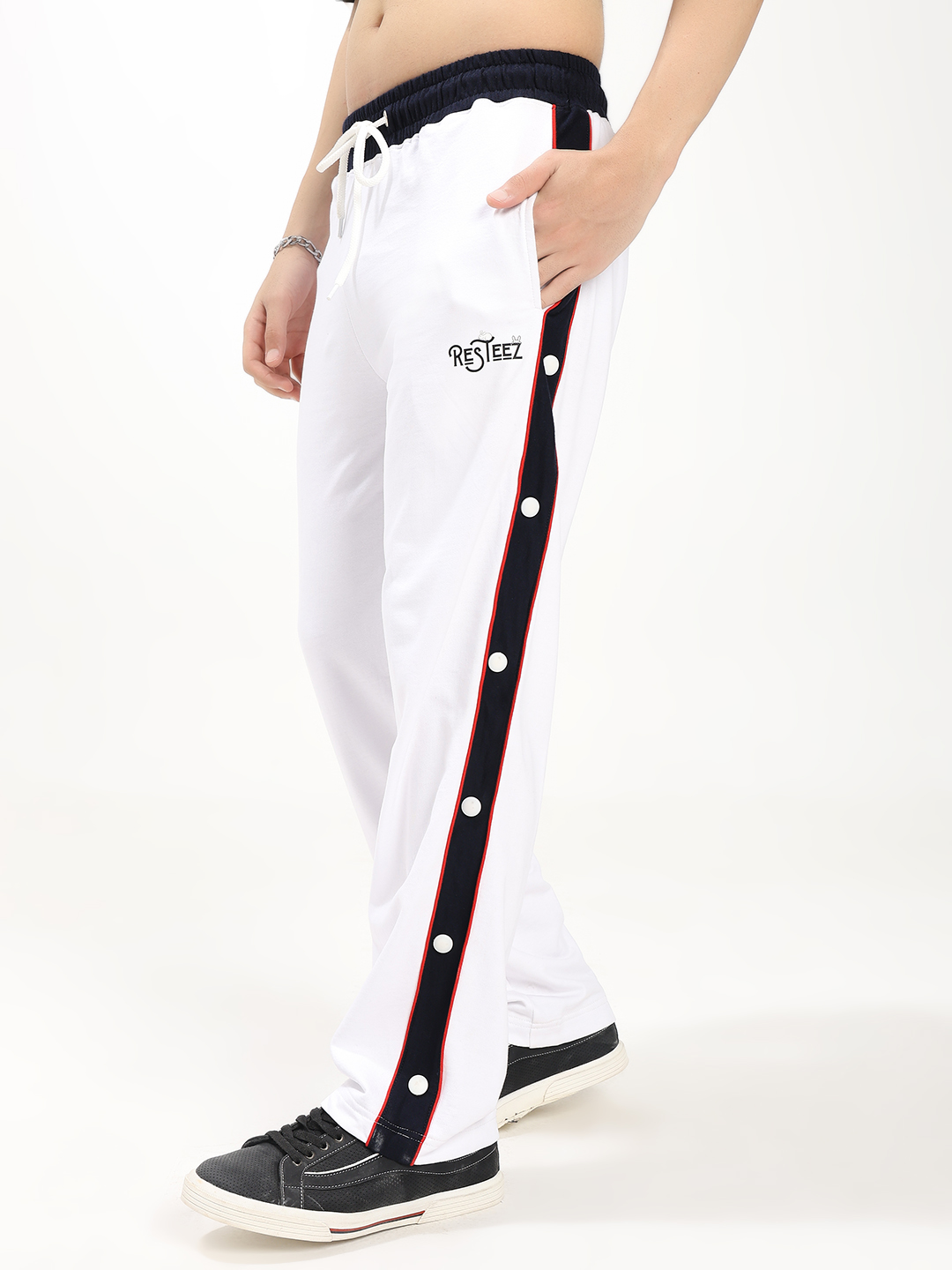 White Snap Button Track Pants