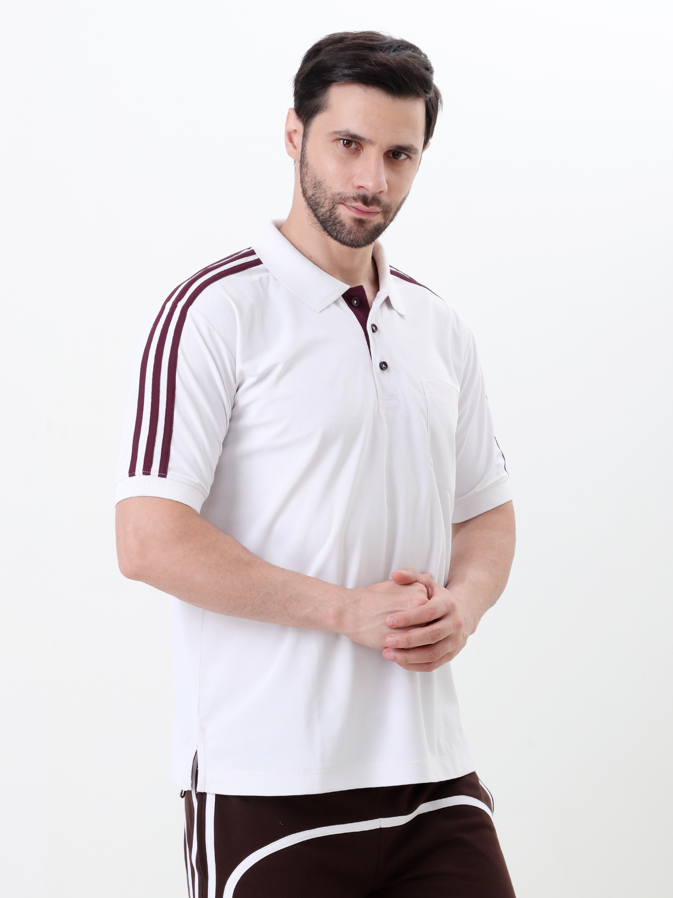 White Polo Shirt with Striped Sleeves