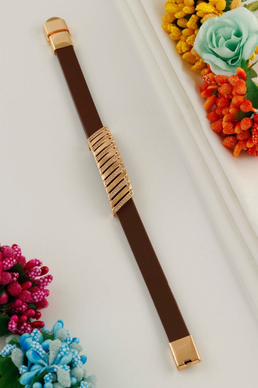 Brown Leather Bracelet with Gold Accents