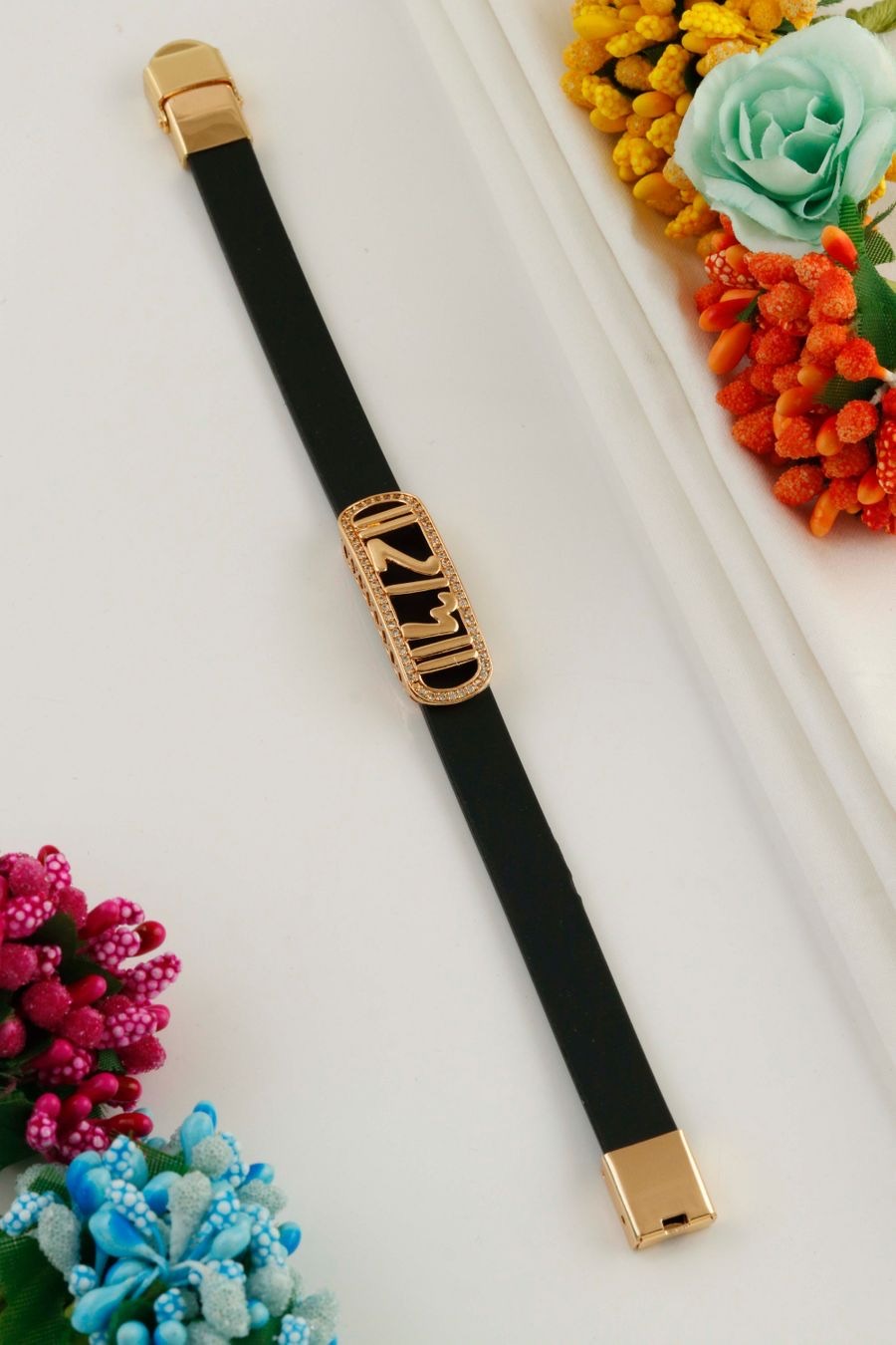 Black Leather Bracelet with Gold Accent