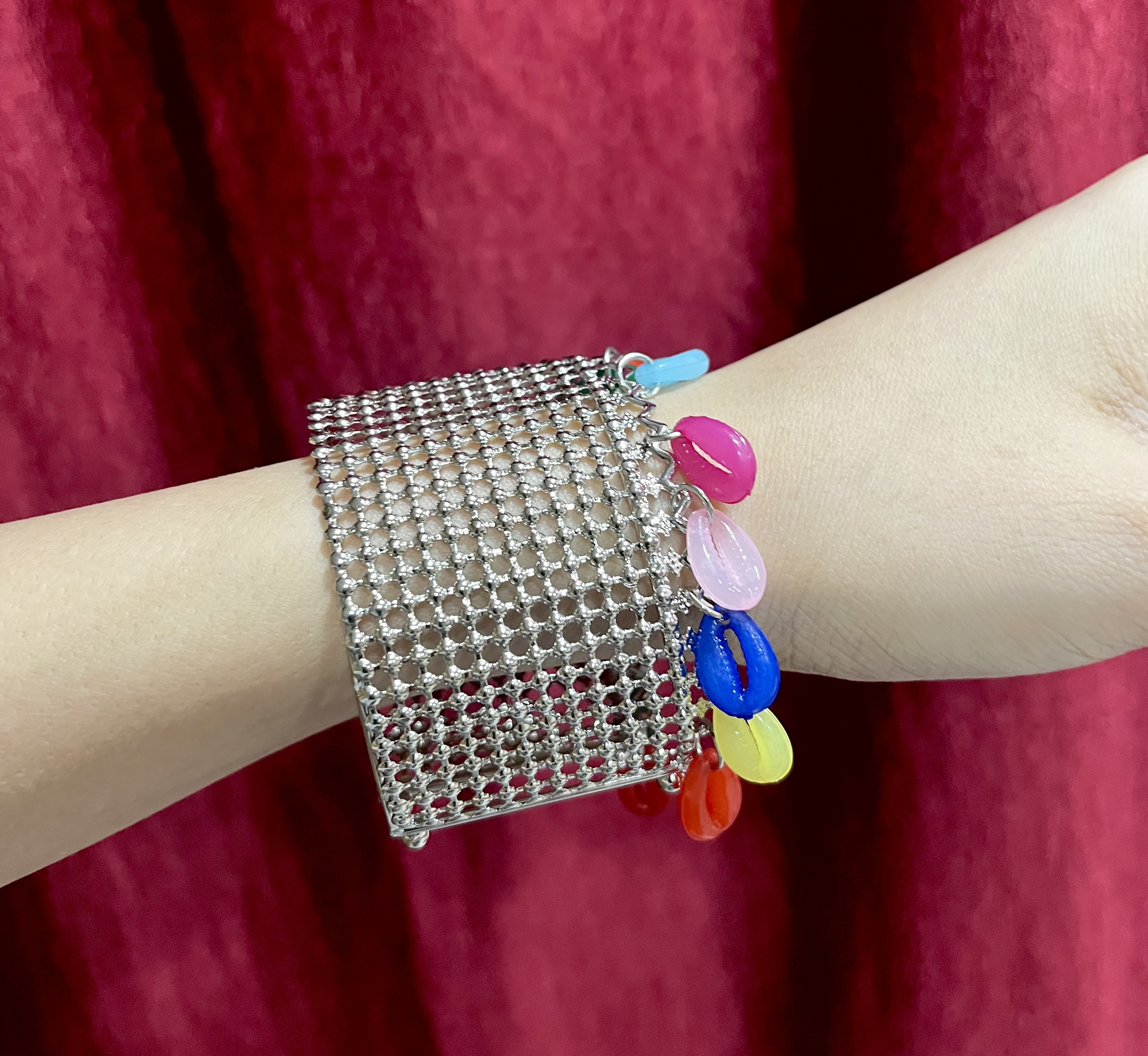 Oxidised Silver Bracelet with Colorful Charms (Adjustable)