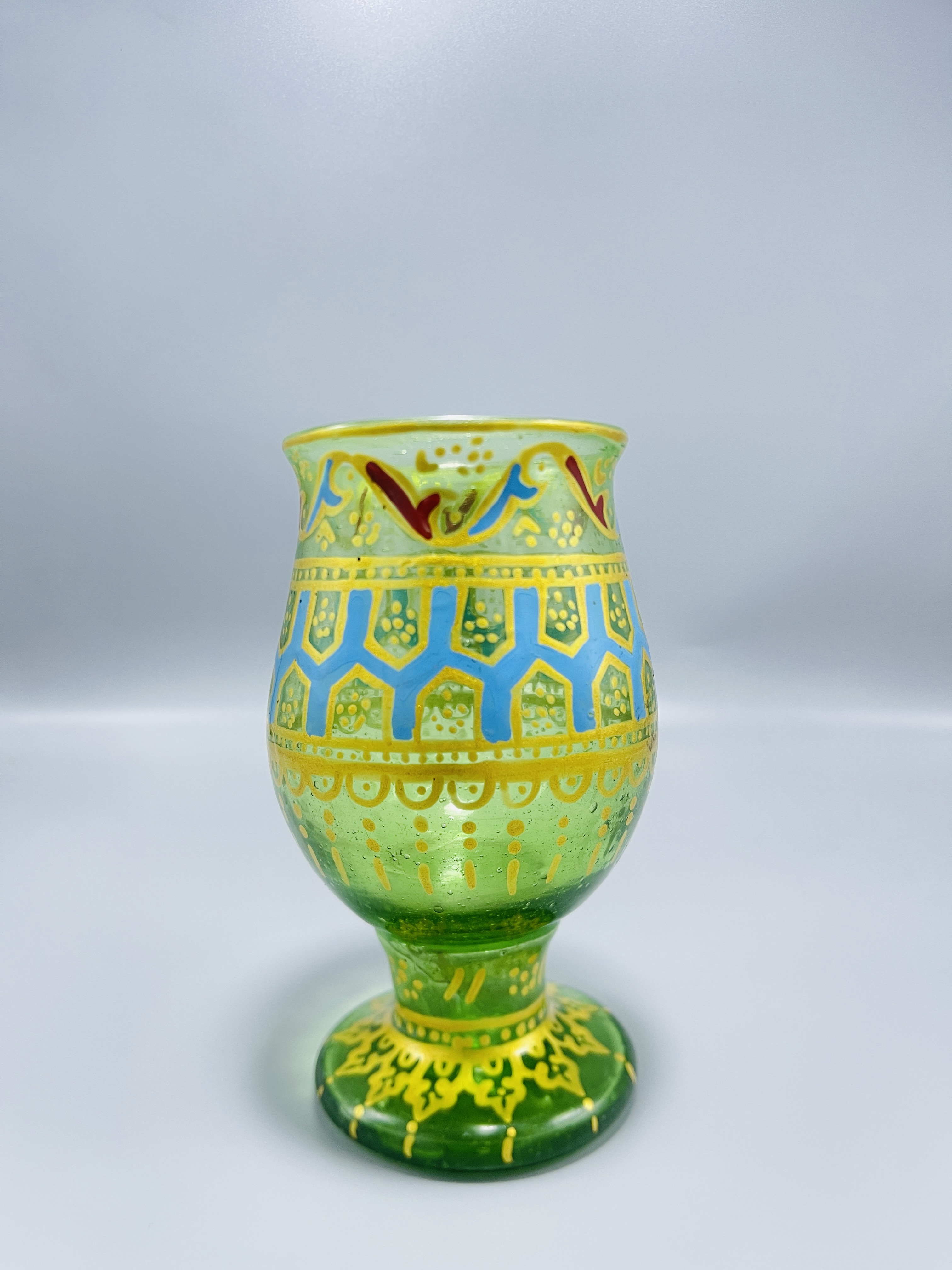 Hand-painted  Green Glass Vase and Goblet Set with 6 glass