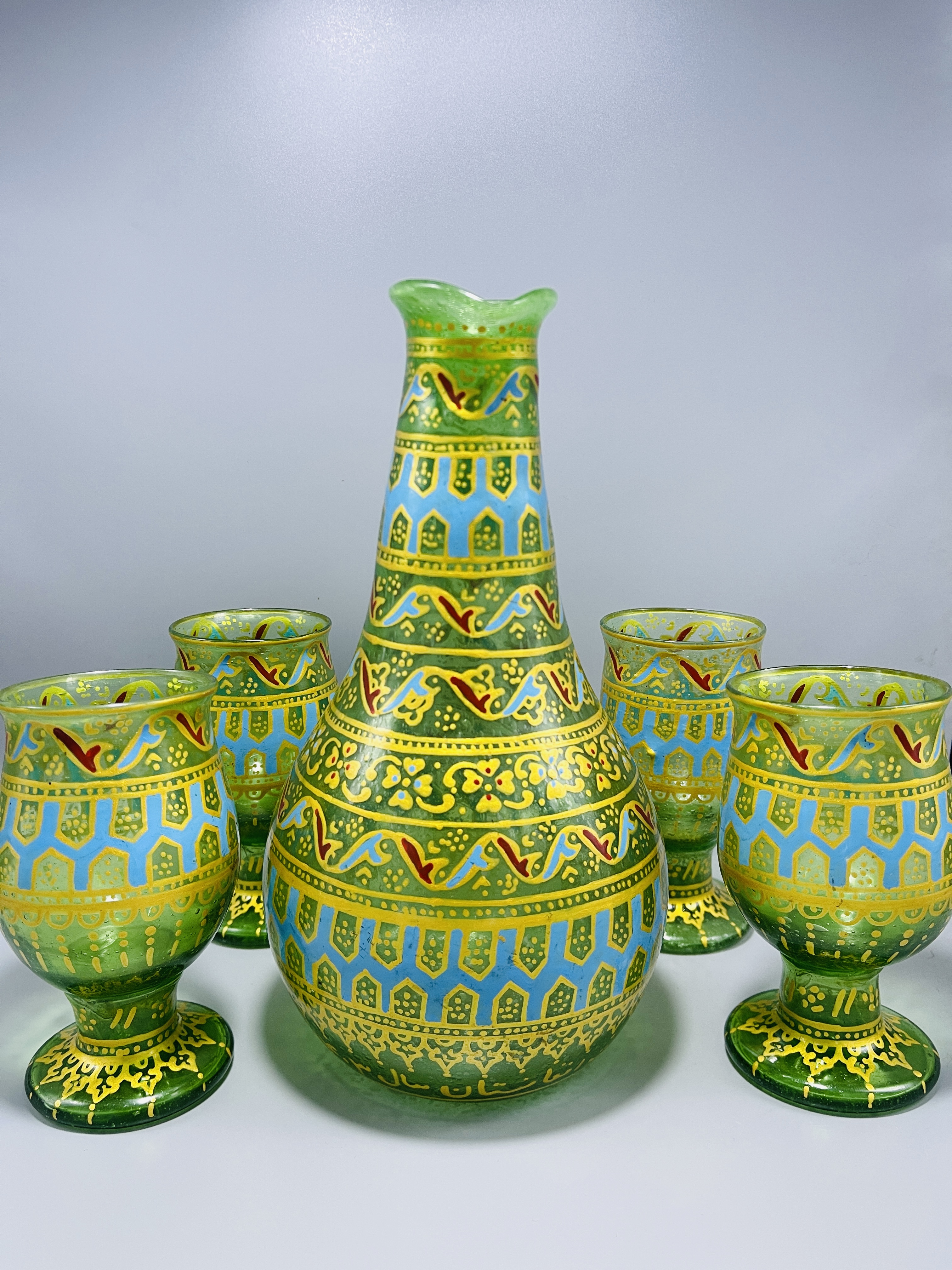 Hand-painted  Green Glass Vase and Goblet Set with 6 glass