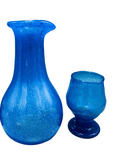 Handcrafted Blue Glass Vase and Goblet Set with 6 glass