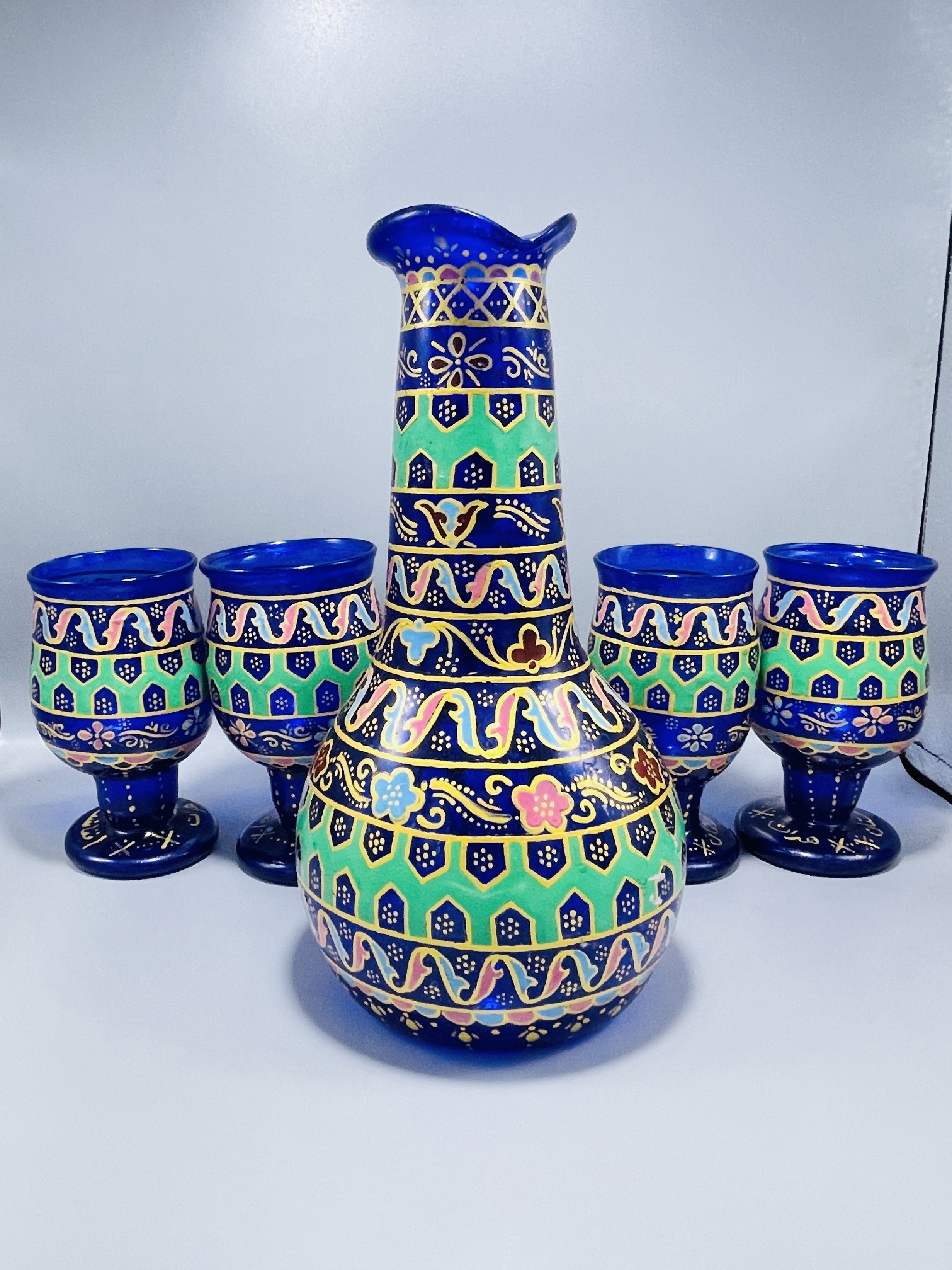 Hand-painted Antique glass Pitcher Set with 6 glass