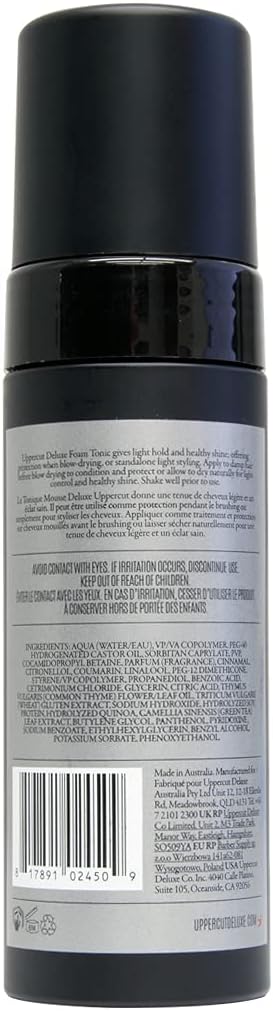 Uppercut Deluxe Foam Tonic, Light Hold and Light Shine Hair Mousse, Use as a Styling Product or Heat Protection, Suitable For All Hair Types 150g