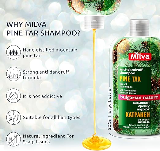 Milva Pine Tar Shampoo for Seborrheic Dermatitis - 500ml Natural Dandruff Shampoo - Anti Dandruff Shampoo - Psoriasis Shampoo - Solution for Dry Itchy and Flaky Scalp Treatment