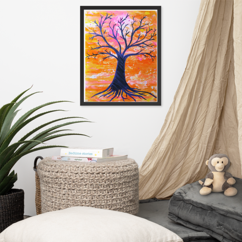 Bare Tree no leaves yellow and blue circle background Framed poster