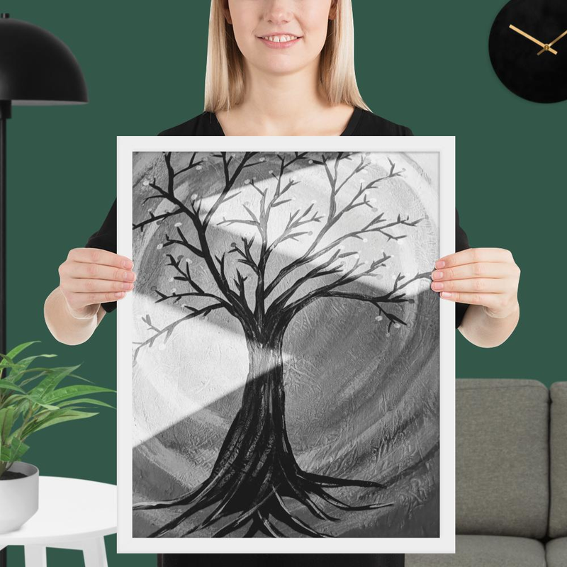 Black and White Tree with roots painting with triangle shadows grey circle background Framed poster